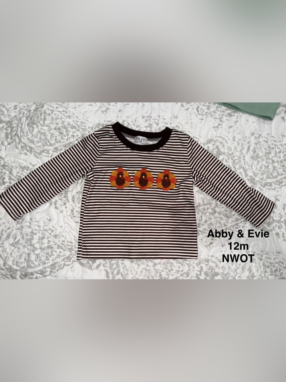Abby & Evie Toddler Brown Stripe Long-Sleeve Top with Turkey French Knot 12M